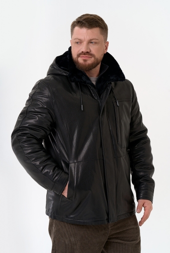 Миниатюра фотографии Мужская дубленка черного цвета с капюшоном