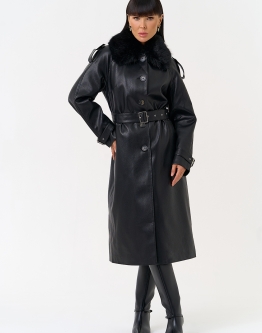 Купить Женское утепленное пальто из экокожи с воротником из эко меха в каталоге Демисезонные куртки