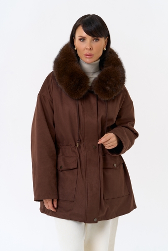Миниатюра фотографии Женская парка из эко замши с капюшоном из эко меха
