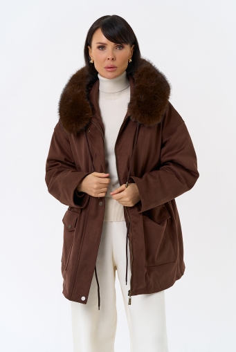 Миниатюра фотографии Женская парка из эко замши с капюшоном из эко меха