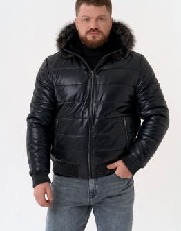Купить Пуховик из эко кожи черного цвета  в каталоге Демисезонные куртки