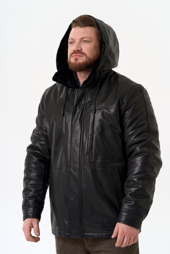 Миниатюра фотографии Мужская дубленка черного цвета с капюшоном