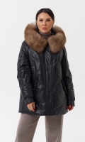 Миниатюра фотографии Женский кожаный пуховик с капюшоном