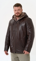 Миниатюра фотографии Мужская дубленка коричневого цвета с капюшоном