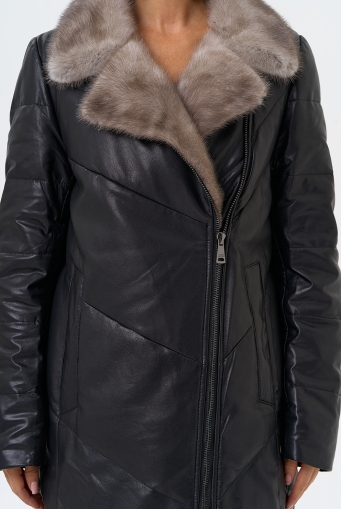 Миниатюра фотографии Пуховик из натуральной кожи с воротником из меха норки