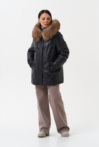 Миниатюра фотографии Женский кожаный пуховик с капюшоном