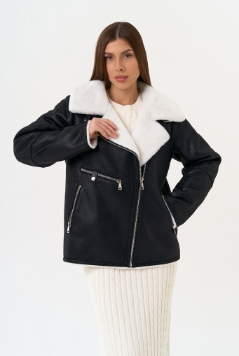 Миниатюра фотографии Женская дубленка из эко замши черного цвета