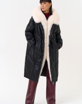 Купить Женский пуховик из эко кожи со съемным эко мехом в каталоге