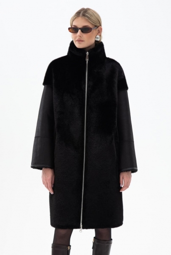 Миниатюра фотографии Женская двухсторонняя дубленка из эко кожи с воротником стойкой