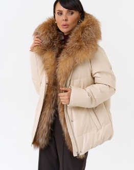 Купить Женский пуховик из эко кожи с отделкой из натуральной лисы в каталоге