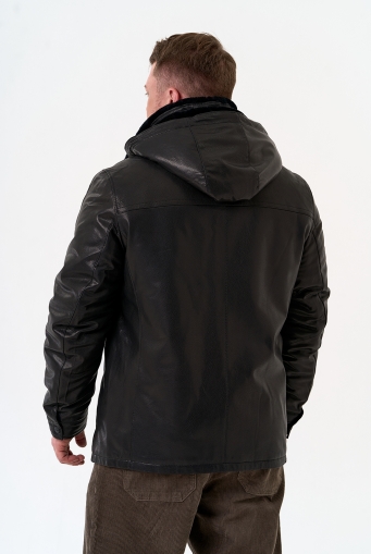 Миниатюра фотографии Мужская дубленка черного цвета с капюшоном