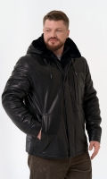 Миниатюра фотографии Мужская дубленка черного цвета с капюшоном