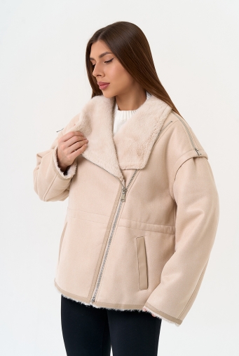 Миниатюра фотографии Женская дубленка из эко замши с отложным воротником