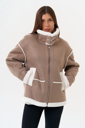 Миниатюра фотографии Женская дубленка из эко замши с воротником стойкой