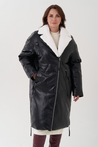 Миниатюра фотографии Пуховик женский из эко кожи с английским воротником