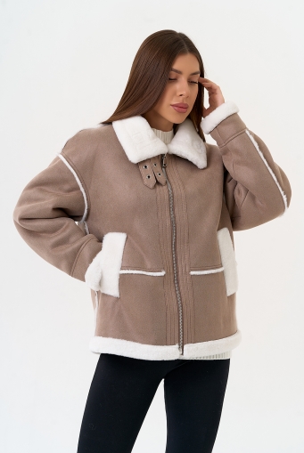 Миниатюра фотографии Женская дубленка из эко замши с воротником стойкой