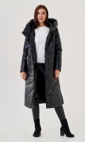 Миниатюра фотографии Черный длинный пуховик из эко кожи