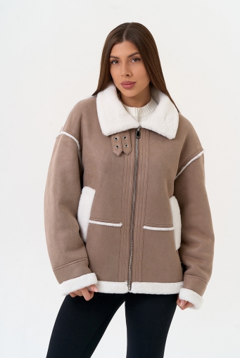 Миниатюра фотографии Женская дубленка из эко замши с воротником стойкой