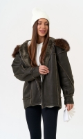 Миниатюра фотографии Женская дубленка из эко замши с капюшоном из эко меха