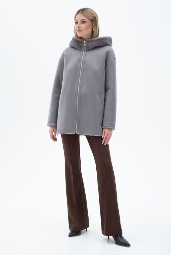 Миниатюра фотографии Женская двухсторонняя дубленка из эко кожи с капюшоном