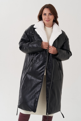 Миниатюра фотографии Пуховик женский из эко кожи с английским воротником