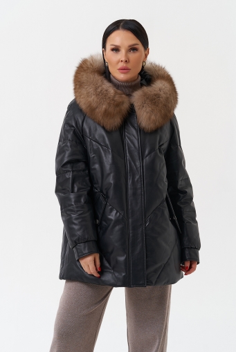Миниатюра фотографии Женский кожаный пуховик с капюшоном