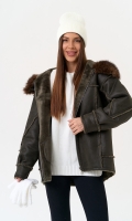 Миниатюра фотографии Женская дубленка из эко замши с капюшоном из эко меха