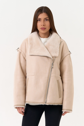 Миниатюра фотографии Женская дубленка из эко замши с отложным воротником